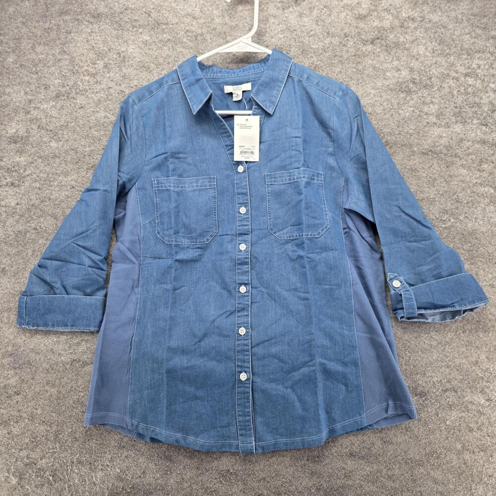 Croft & Barrow Button-Up Tunic Womens M Blue Chambray Roll Tab Sleeve Pockets